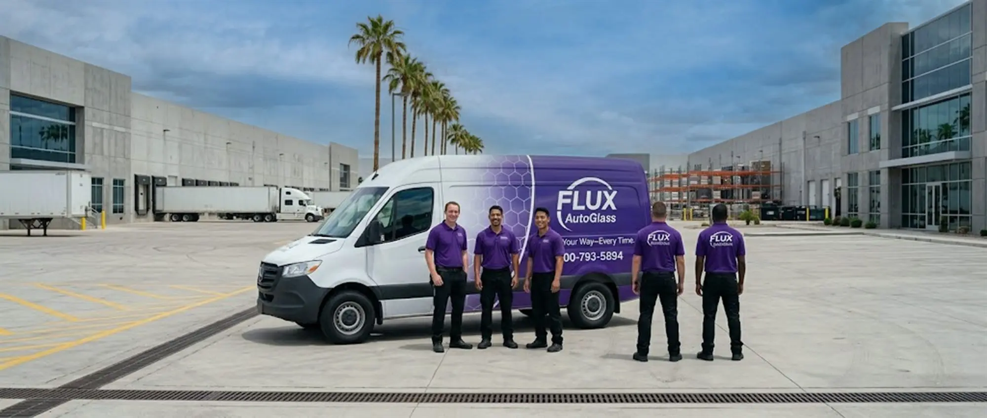 The Flux Auto Glass team in front of their mobile service vans in Phoenix, Arizona