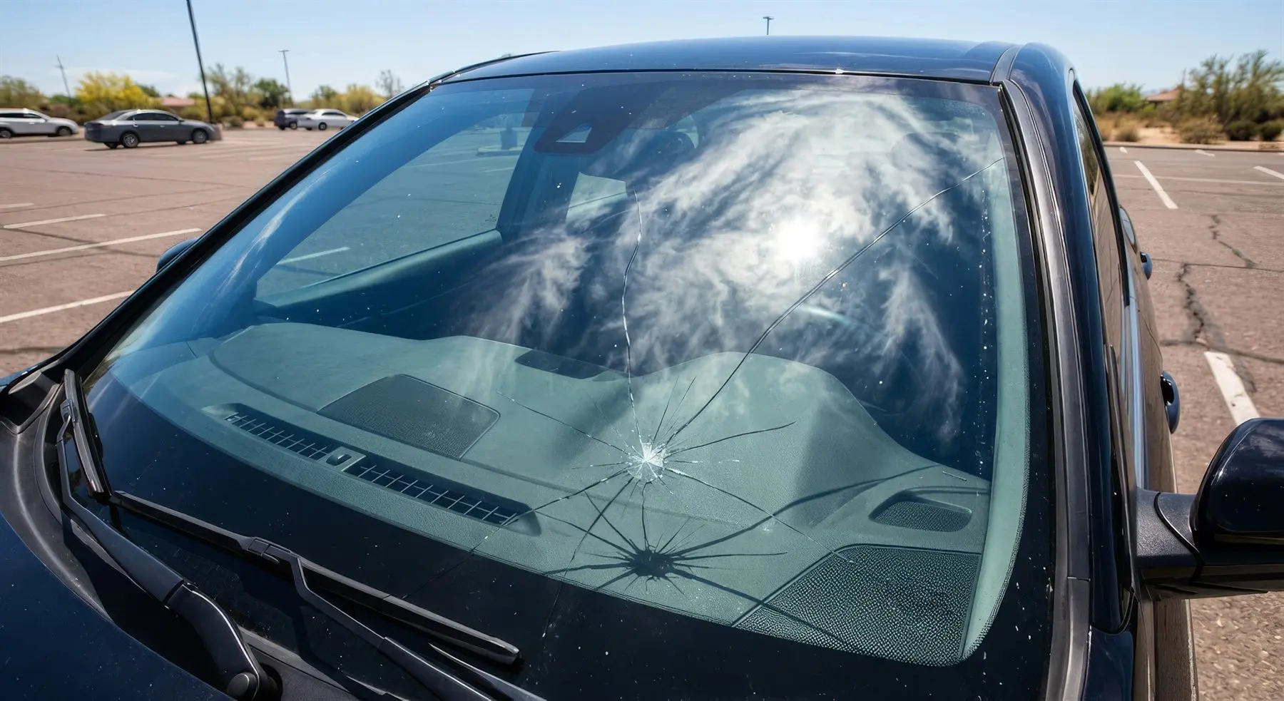 Close-up of a cracked windshield