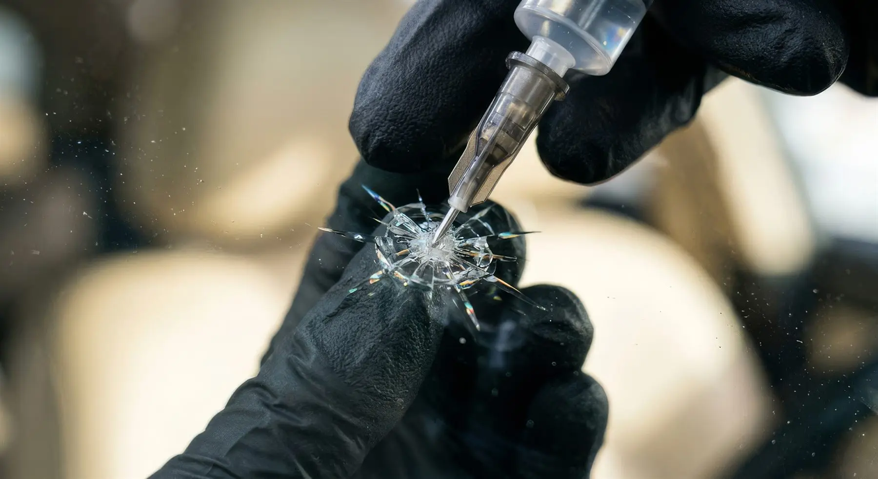Windshield chip being repaired with resin