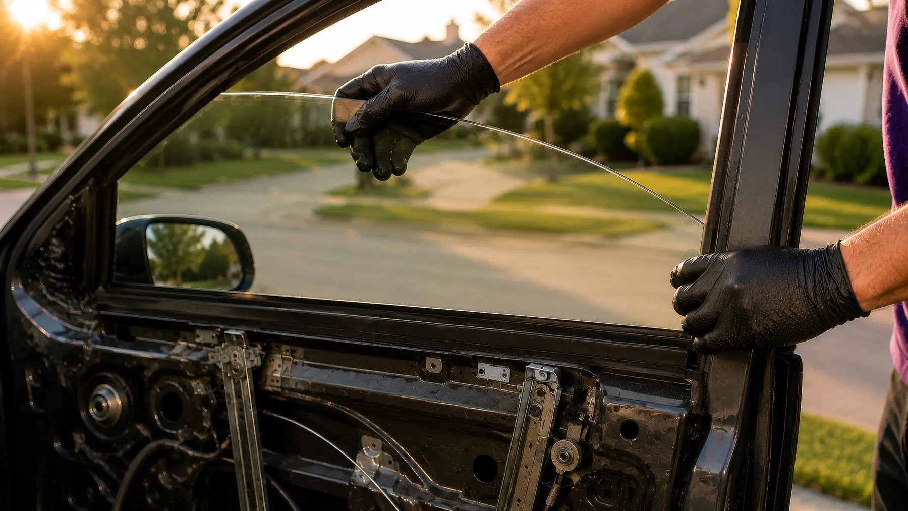 Flux Auto Glass technician replacing a side door window