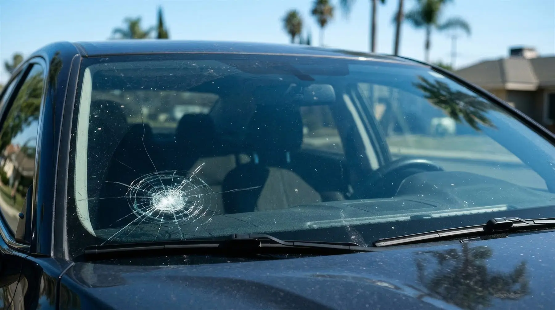 A cracked windshield on a car parked in a Phoenix driveway