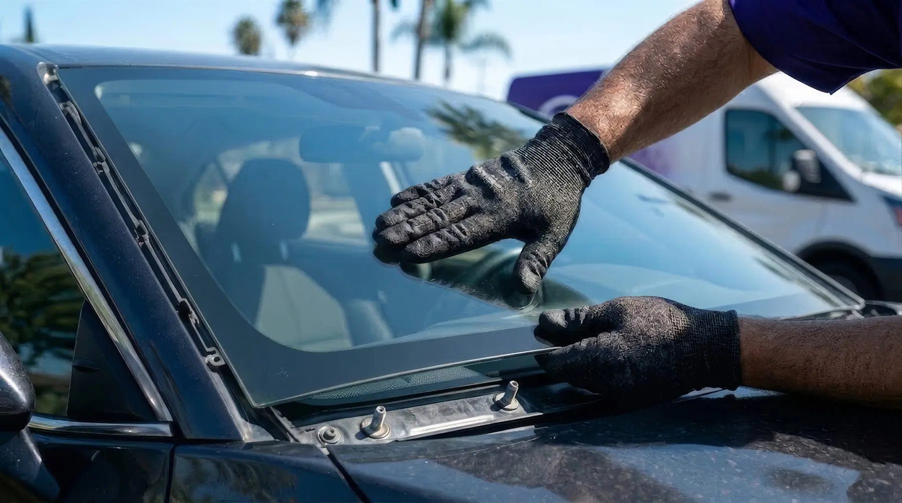 A Flux Auto Glass technician fitting a new windshield at a customer's home