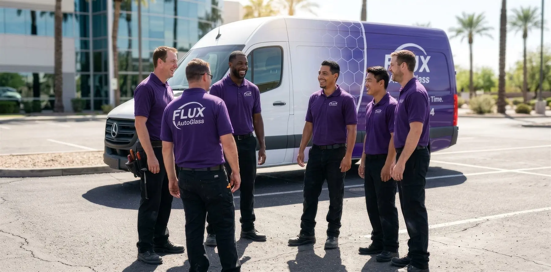 The Flux Auto Glass team standing in front of two branded service vans outside the shop in Phoenix, Arizona